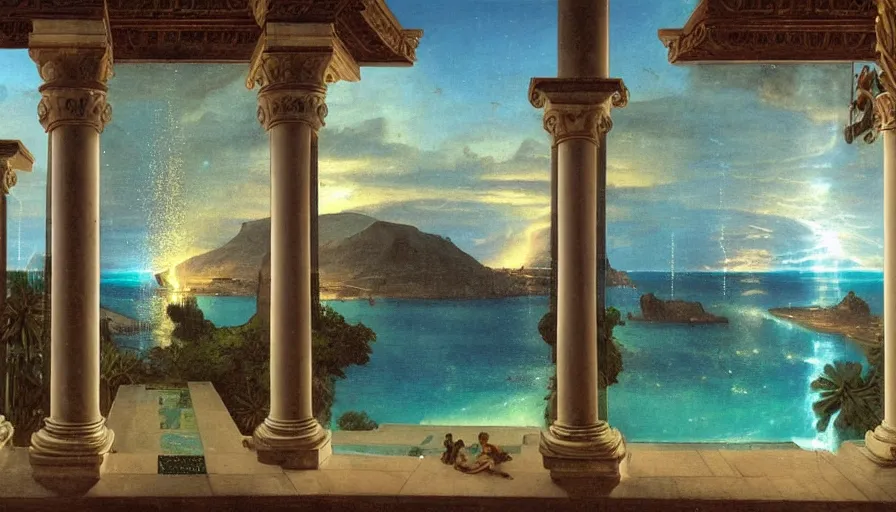 Image similar to From Inside the giant Palace, mediterranean balustrade and columns, refracted line and sparkles, thunderstorm, greek pool, beach and Tropical vegetation on the background major arcana sky and occult symbols, by paul delaroche, hyperrealistic 4k uhd, award-winning, very detailed paradise