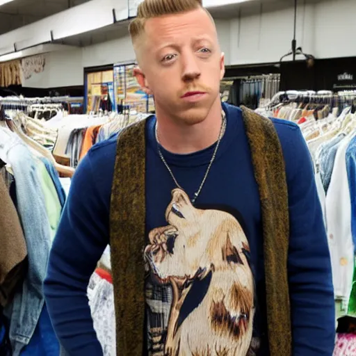 Image similar to Macklemore looking exasperated at Goodwill