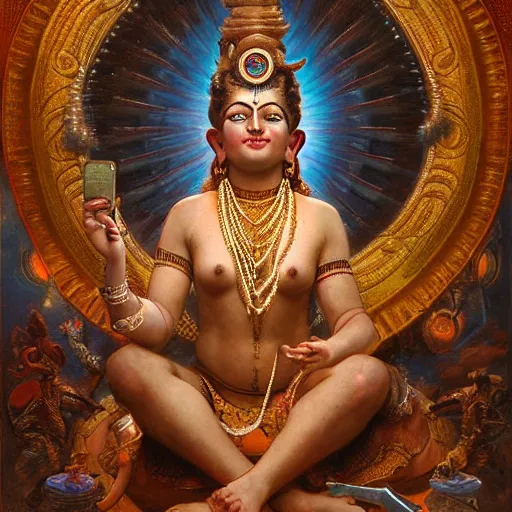 Prompt: detailed potrait of hindu god shiva with hightec vr headset steampunk head armour, girl graceful,, painting by gaston bussiere, craig mullins, j. c. leyendecker, lights, art by ernst haeckel, john william godward, hammershøi,,