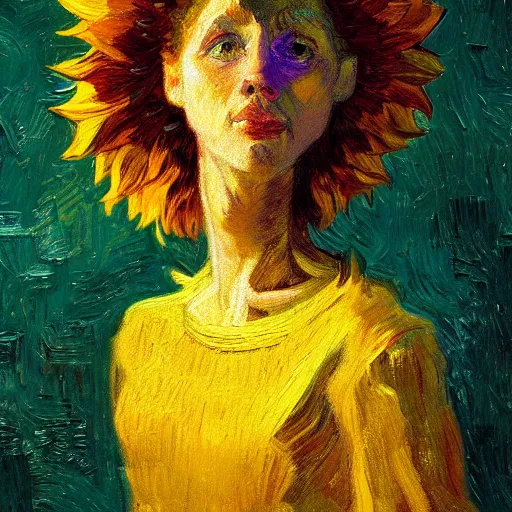 Image similar to closeup, giant sunflower head, woman standing in a room, surreal, dramatic light, impressionist painting, digital painting, artstation, van gogh