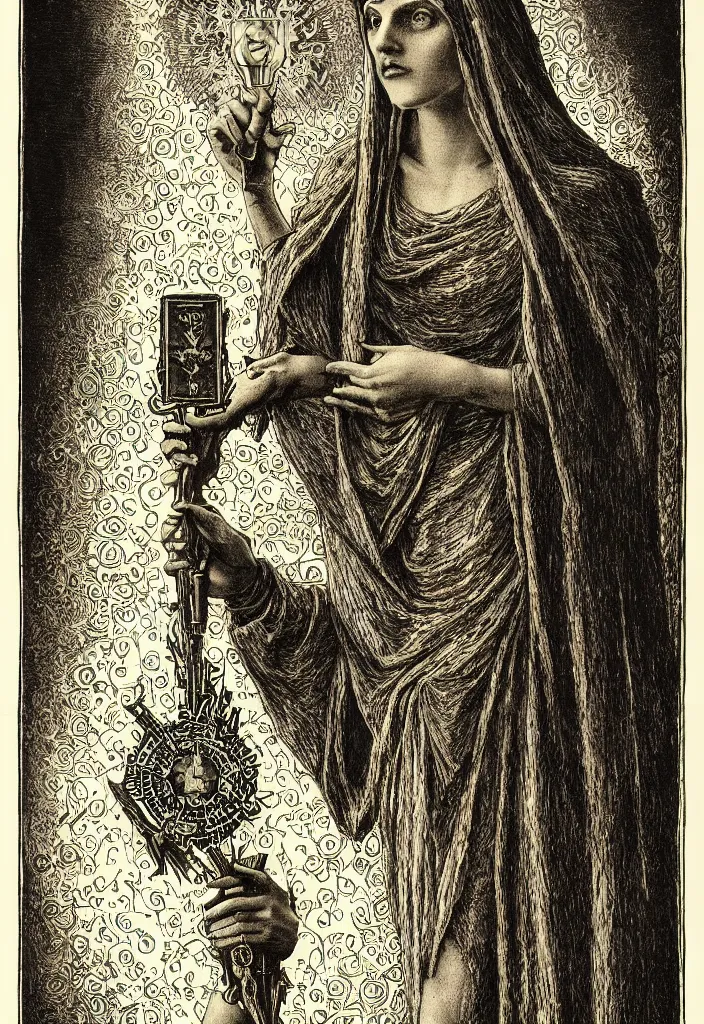 Prompt: tarot card of hecate the gloomy and beautiful goddess of witchcraft, torches, ancient keys, smokes, gustave dore, franklin booth, andrey remnev, trending on artstation, exquisite details, risography print, 4 k, 4 k