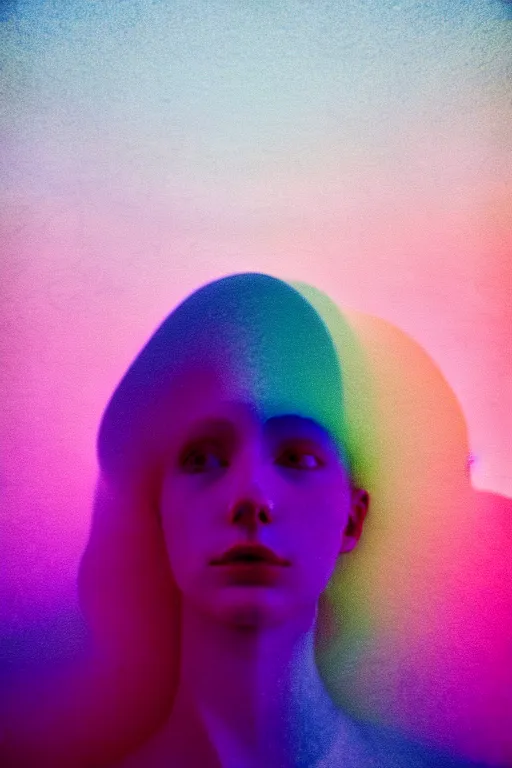 Image similar to high quality pastel coloured film close up wide angle photograph of a model wearing clothing swimming on cloud furniture in a icelandic black rock!! environment in a partially haze filled dreamstate world. three point light, rainbow. photographic production. art directed. pastel colours. volumetric clouds. pastel gradient overlay. waves glitch artefacts. extreme facial clarity. 8 k. filmic.