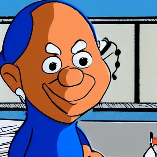 Prompt: Sajid Javid as a smurf with a white hat, 1980s cartoon, flat shading, 2D, by Peyo