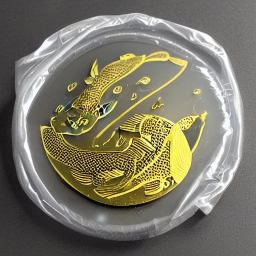 Prompt: Golden coin with koi fish etching on it inside a plastic ziplock bag —H 1024