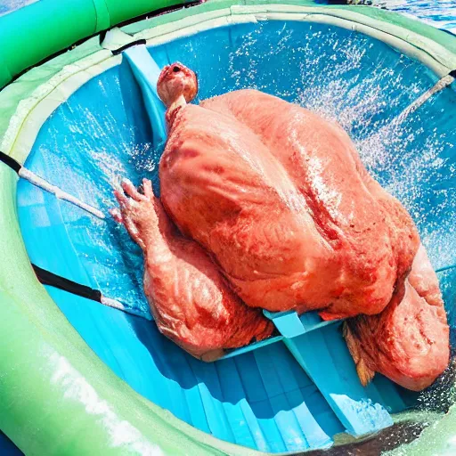 Image similar to photo of an enormous raw chicken emerging from the bottom of a waterslide at a water park on a sunny day in the style of a coca cola ad