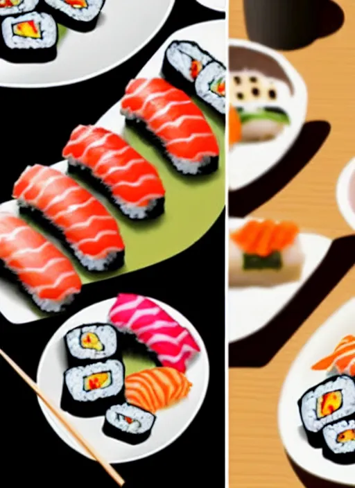 Image similar to clear photorealistic picture of adorable cats eating sushi