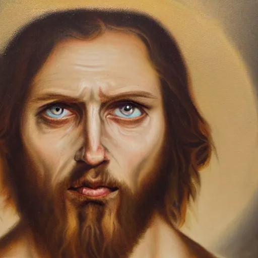 Prompt: oil painting by christian rex van minnen of a portrait of jesus christ, a depiction of jesus christ, scary, bible accurate, eyes scary, stern look, gross, dirty with intense chiaroscuro lighting perfect composition, baby scarred, burns, horrible, disgusting, terrifying, award winning painting