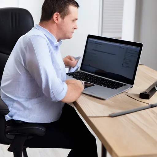 Image similar to Chubby clean-shaven white businessman sitting at a wooden conference table typing on a laptop keyboard, his right black shoe is resting on table next to laptop