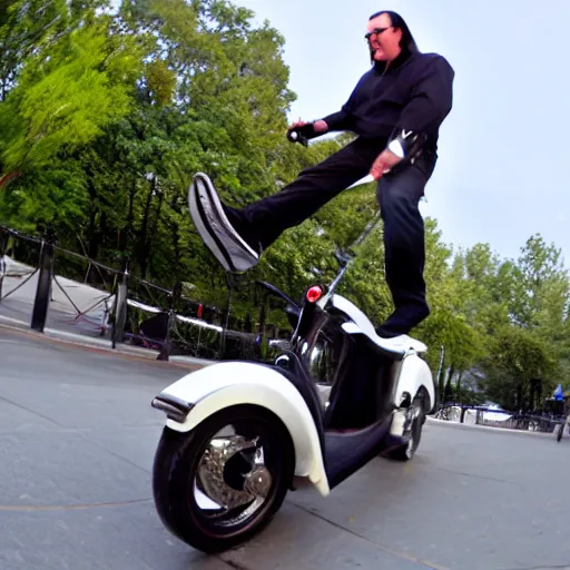 Prompt: Steven Seagal doing tricks on his razor scooter, fish-eye lens, fast shutter speed