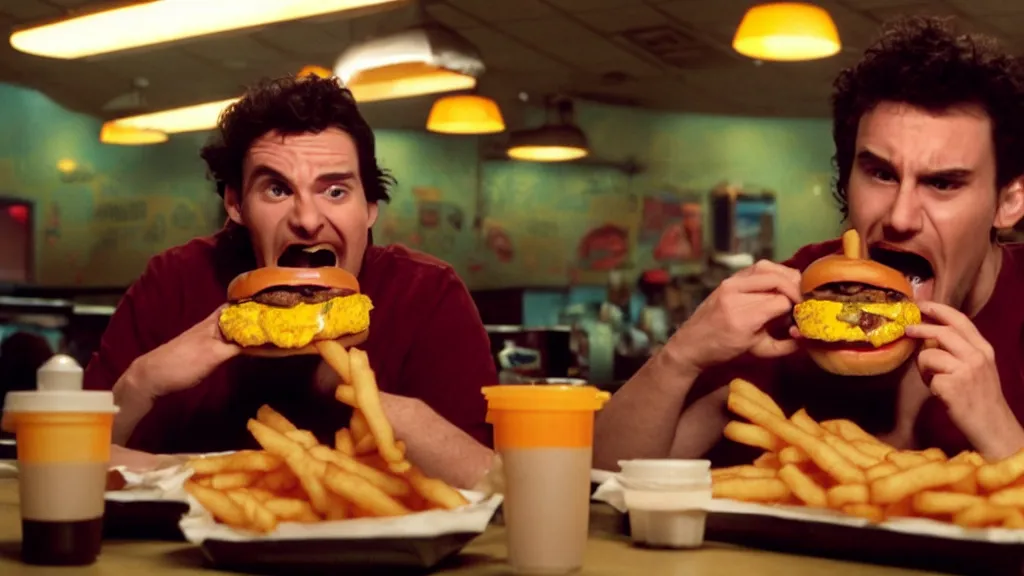 Image similar to the strange creature eats a cheeseburger, at the fast food restaurant, film still, directed by david cronenberg studio lighting, extremely professional