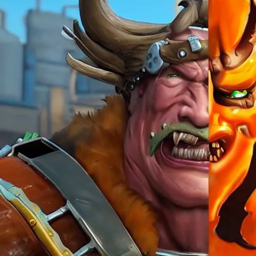 Image similar to a screenshot of arnold schwarzenegger as junkrat in overwatch