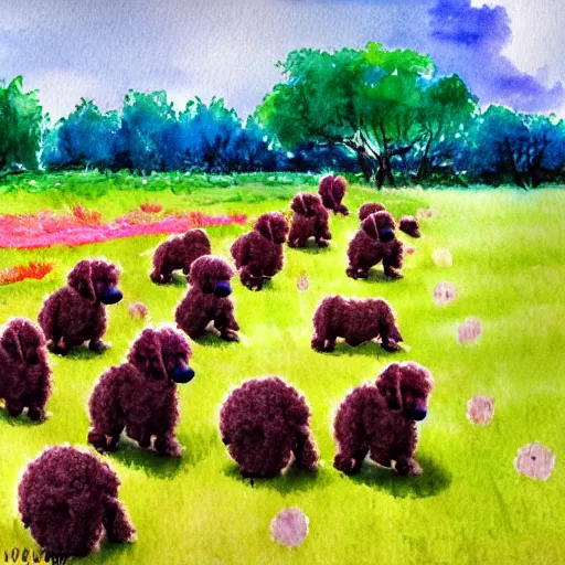 Prompt: a field full of puppy toy poodles, nature painting, watercolor, 8K, bright vivid colors