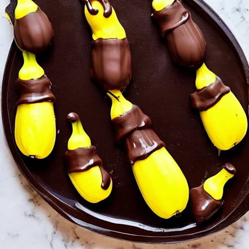 Image similar to plastic banana, shiny, dripping chocolate on top,