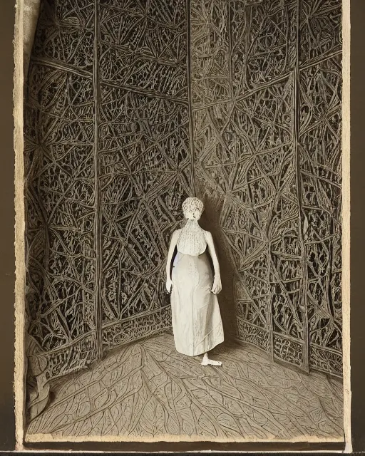 Image similar to a woman standing in a doorway, made of intricate decorative lace leaf skeleton, in the style of the dutch masters and gregory crewdson, dark and moody