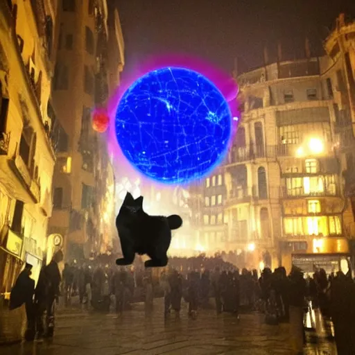 Image similar to a hairy giant cat destroying barcelona with laser eyes