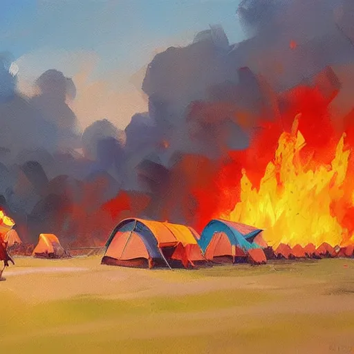 Prompt: a camp with tents on fire, burning down, shadows of girls watching the camp burn, painted by Sylvain Sarrailh