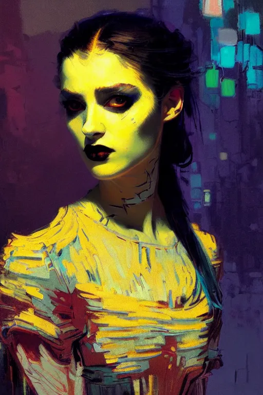 Image similar to portrait of a beautiful goth girl, complementary colors, beautiful face, rule of thirds, intricate outfit, spotlight, by greg rutkowski, by jeremy mann, by francoise nielly, by van gogh, digital painting