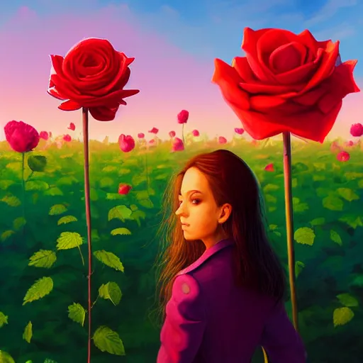 Image similar to closeup, giant rose flower head, frontal, a girl with suit, surreal photography, sunrise, blue sky, dramatic light, impressionist painting, digital painting, artstation, simon stalenhag