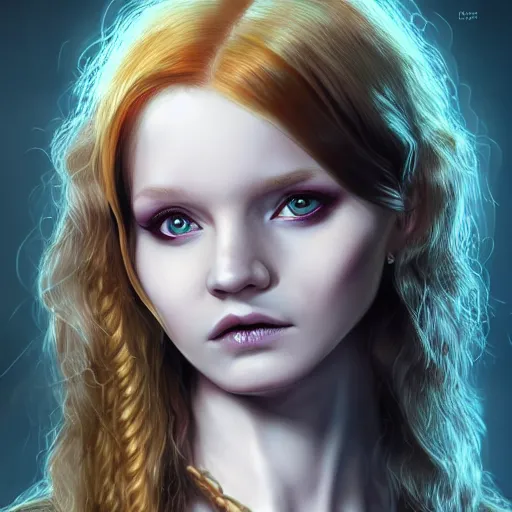Prompt: ginny Weasley ,beautiful necromancer, blonde curly hair, holding a skull staff, dark fantasy, symmetrical face two identical symmetrical eyes,feminine figure, smooth skin,gorgeous, pretty face, beautiful body, revealing outfit, high detail, realistic, cgsociety, artgerm, trending on artstation - H 768 - n 6