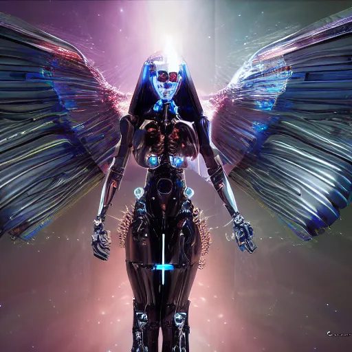 Prompt: UHD photorealistic studio portrait of a cyborg Angel with Angel wings, futuristic robot angel, extremely detailed, 8k, cinematic lighting, in the style of Amano and Ayami Kojima, with vivid colors and rich composition