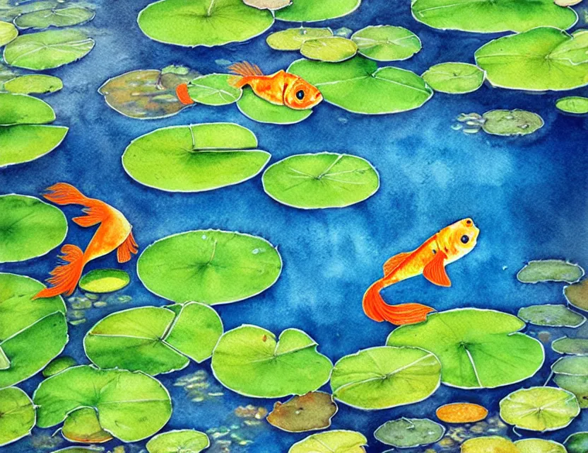 Image similar to bent goldfish in a pond of lilypads the beloved children's book illustrator has a beautiful composition, interesting color scheme and intricate details, watercolor