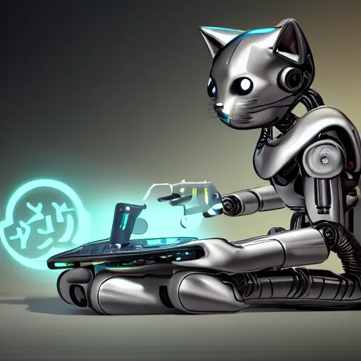 Prompt: a metallic robotic cyborg cat eating!!! a computer mouse, cyberpunk, digital art, 8 k, trending on artstation