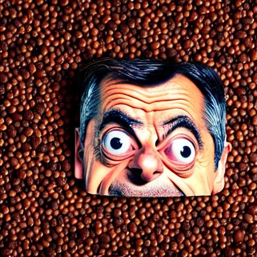 Prompt: uhd candid photo of mr. bean made of beans. photo by annie leibowitz