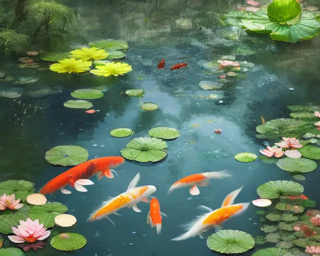 Image similar to koi pond, lotus flowers, dark blue water, green lily pads, goldfish, a fantasy digital painting by makoto shinkai and greg rutkowski, trending on artstation,