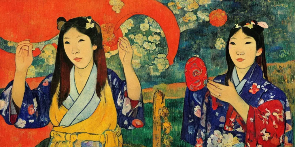 Prompt: a painting of a girl in a yukata pointing at fireworks, gauguin style