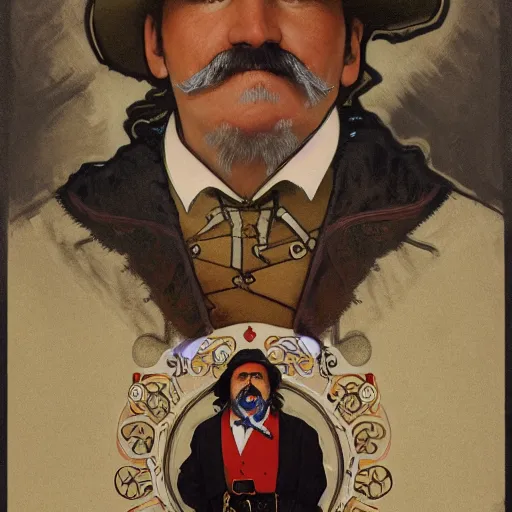Image similar to a detailed portrait most wanted poster ted cruz dressed like santa ana as an old west bandit, long twirling moustache, by alphonse mucha and albert bierstadt and thomas moran and charles russel, god rays, intricate detail, cinematic, 8 k, featured on artstation, pixiv