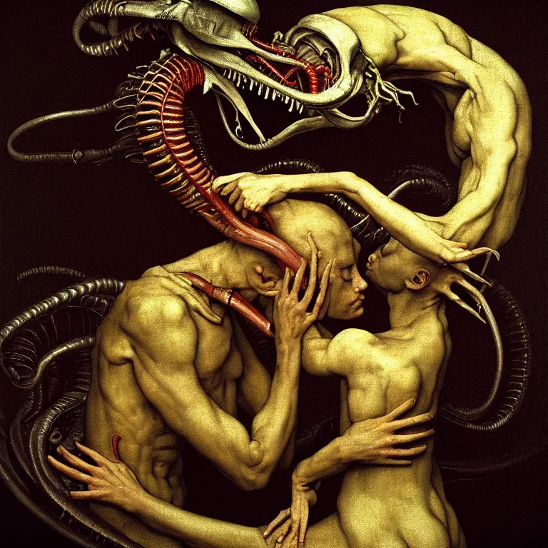 Prompt: portrait of a beautiful man kissing xenomorph by hieronymus bosch, soft bloom lucid dream - like ethereal dark atmosphere, baroque portrait painting, perfect composition, intricate detailed octane render trending on artstation, 8 k artistic photography, volumetric cinematic perfect light, chiaroscuro, masterpiece, raphael, caravaggio, rutkowski, beeple, beksinski