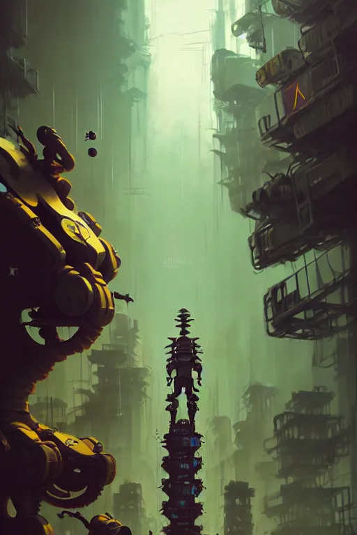 Prompt: matte painting of overgrowth extreme 3 d calligraphy graffiti tag mural maximalism robot by atey ghailan, by greg rutkowski, by greg tocchini, by james gilliard, by joe fenton, yellow, brown, black and cyan color scheme, octane render