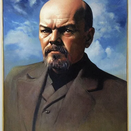 Image similar to dramatic oil painting of vladimir lenin, painted by frank frazetta, propaganda poster