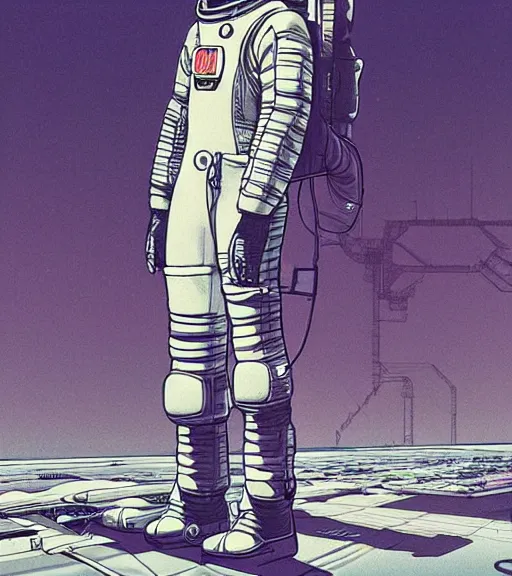 Image similar to cyberpunk japanese astronaut with long limbs and a black spacesuit on a spacewalk outside of their ship, techwear, Industrial Scifi, detailed illustration, character portrait, by Martin Grip and Moebius