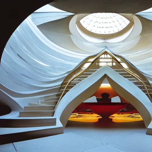 Image similar to interior foyer and staircase of a futuristic lotus temple with gold, red and white marble panels, in the desert, by buckminster fuller and syd mead, intricate contemporary architecture, photo journalism, photography, cinematic, national geographic photoshoot