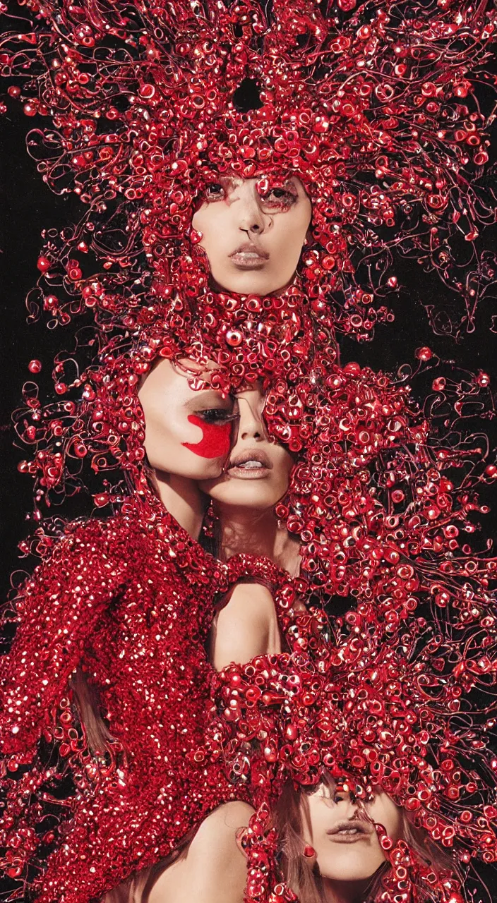 Prompt: a fashion character design wearing a red sequined bodysuit, acid hallucinations floating around their head, by moebius, alexander mcqueen headdress with beads, by kawase hasu