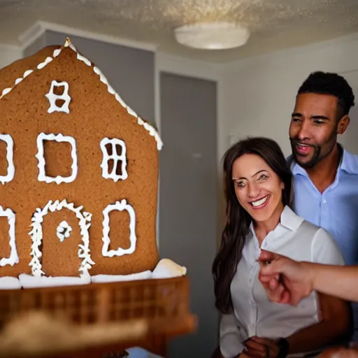 Image similar to real estate agent showing couples through the inside of houses made out of gingerbread