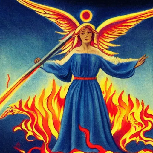 Prompt: propaganda piece featuring an angel holding a flaming sword, flying in the sky, health, strength, confidence