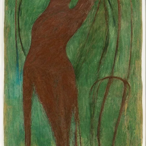 Image similar to ecstatic, unified burnt umber, fern green by barbara hepworth. a beautiful experimental art of a woman with long flowing hair, wild animals, & a dark, starry night sky.