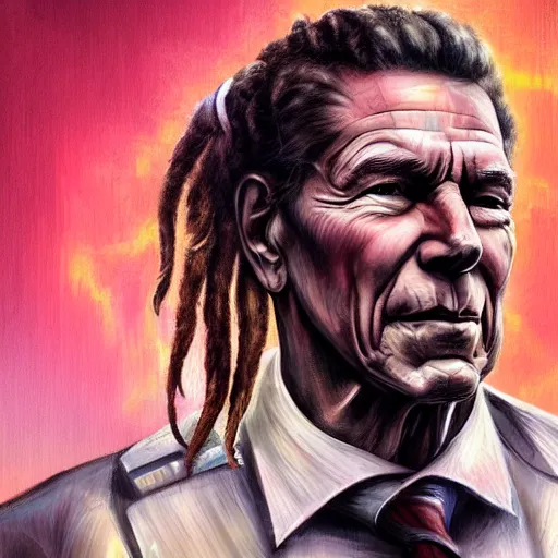 Image similar to portrait of ronald reagan with dreadlocks, cyberpunk setting, futuristic, highly detailed, intricate lighting, digital painting, sharp focus, illustration, trending on artstation, art by magali villenueve.