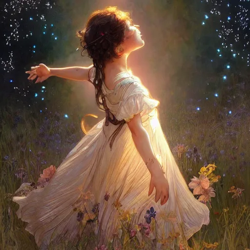 Image similar to A little girl with shoulder length curly brown hair with a happy expression wearing a summer dress dancing with fireflies, she is in the distance. beautiful fantasy art by By Artgerm and Greg Rutkowski and Alphonse Mucha, trending on artstation.