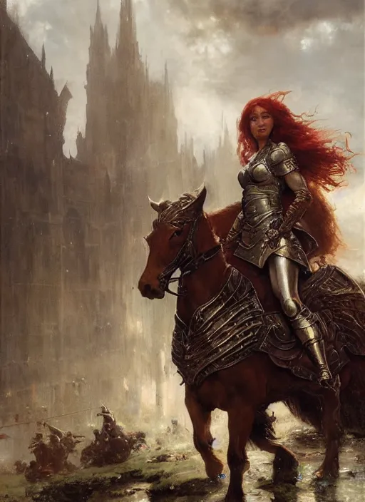 Prompt: staring seductively short muscular redheaded woman wearing realistic medieval armour, detailed by gaston bussiere, bayard wu, greg rutkowski, giger, maxim verehin, greg rutkowski, masterpiece, sharp focus, cinematic lightning