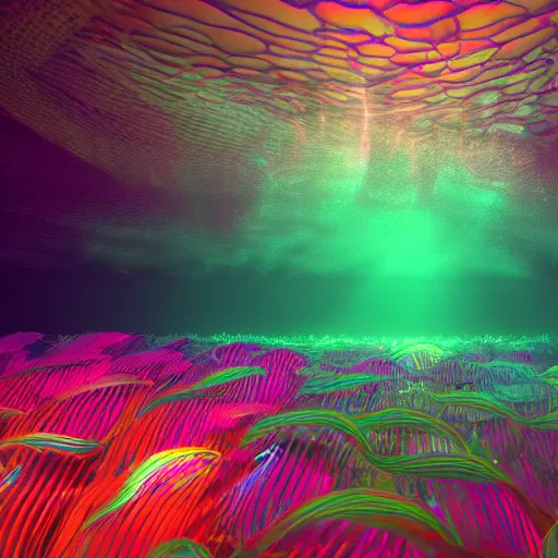 Prompt: underwater picture of a school of jellyfish, dark background, colorful bioluminescence green glow, abyssal, 3 d octane render, very detailed