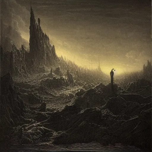 Prompt: a bleak dystopian world, divided down the middle by gustave dore, vivid synthwave colours