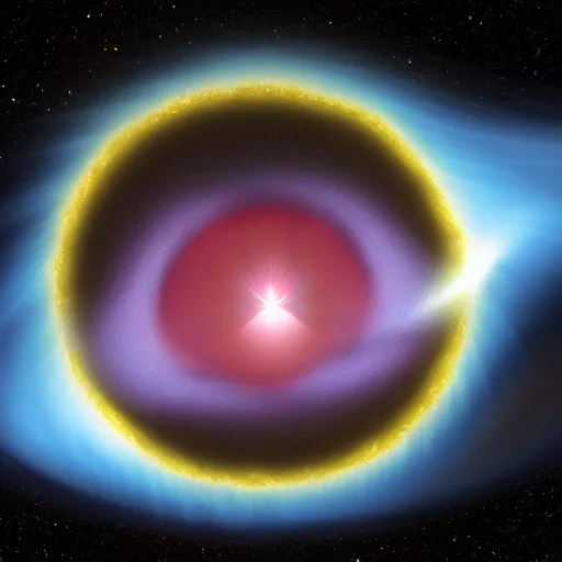 Image similar to neutron star exploding in a dramatic realistic manner near a black hole