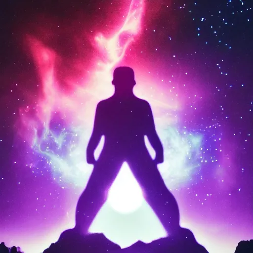 Image similar to a towering godlike apparition in the shape of a human, made of smoke and fog, backlit by pink, purple, red, blue neon lighting, nebulas, backround of stars and galaxies