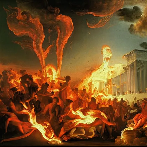 Image similar to baroque painting of burning athens with fire tornadoes