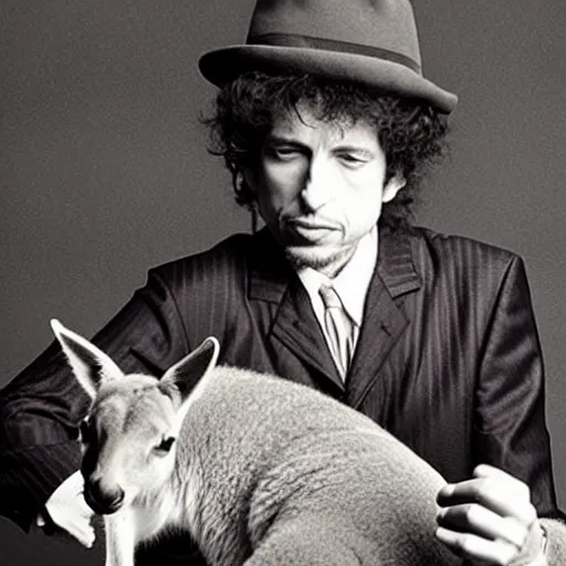 Image similar to bob dylan riding a kangaroo, photograph, high detail