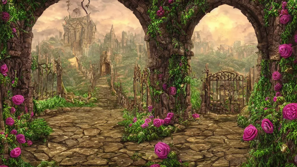 Image similar to A giant medieval fantasy gate with an gold carved lion face at the center in the middle of a beautiful fantasy landscape, vines with thorns around the gate, roses and all kinds of flowers, vivid vegetation, pastel color tones, clear clean, HD, illustration, epic, fantasy, intricate, elegant, highly detailed, digital painting, artstation, concept art, smooth, wallpaper, digital 2D, painterly style, high contrast, golden ratio, rule of thirds, Studio Ghibli, art by artgerm and greg rutkowski and alphonse mucha and jin xiaodi