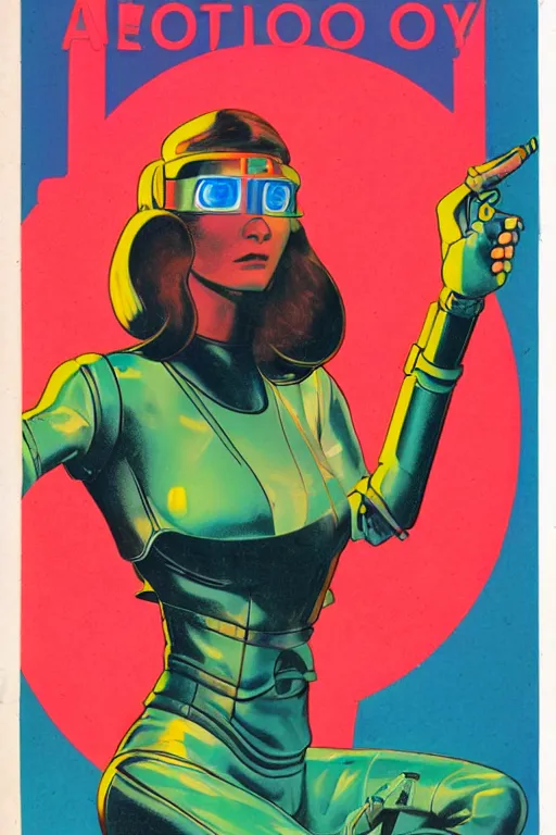 Image similar to a retro 70s cyborg woman, anaglyph, book cover,